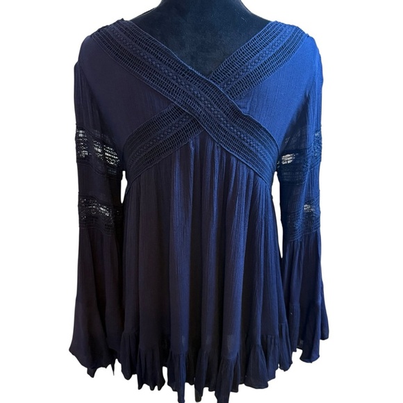 Altar'd State Blue Ruffled Boho 3/4 Sleeve Blouse - Picture 3 of 8